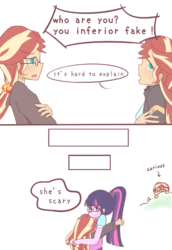 Size: 690x1003 | Tagged: safe, artist:yuck, sci-twi, sunset shimmer, twilight sparkle, equestria girls, g4, comic, counterparts, crying, female, glasses, hug, human sunset, lesbian, looking at each other, scared, ship:sci-twishimmer, ship:sunsetsparkle, shipping