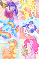 Size: 567x850 | Tagged: safe, artist:flickex, applejack, fluttershy, opalescence, owlowiscious, pinkie pie, rainbow dash, rarity, twilight sparkle, alicorn, earth pony, pegasus, pony, unicorn, g4, apple, book, cake, eyes closed, female, flying, food, hoers, mane six, mare, mouth hold, spread wings, tongue out, twilight sparkle (alicorn), wings