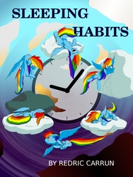 Size: 768x1024 | Tagged: safe, artist:redriccarrun, rainbow dash, pegasus, pony, fanfic:sleeping habits, g4, clock, cloud, fanfic, fanfic art, fanfic cover, sleeping