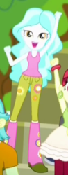 Size: 166x424 | Tagged: safe, screencap, paisley, equestria girls, g4, my little pony equestria girls: summertime shorts, steps of pep, armpits, background human, boots, clothes, cropped, fist in the air, floral print, jeans, offscreen character, open mouth, pants, shoes, sleeveless, socks, standing up, tank top