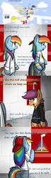 Size: 1280x4453 | Tagged: safe, artist:mikeythefox, rainbow dash, scootaloo, pegasus, pony, ask factory scootaloo, ask rainbow factory dash, fanfic:rainbow factory, g4, clothes, cloudsdale, comic, factory scootaloo, lab coat, rainbow factory dash, serious rainbow