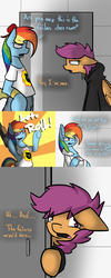 Size: 1500x3750 | Tagged: safe, artist:conmanwolf, rainbow dash, scootaloo, pegasus, pony, ask factory scootaloo, fanfic:rainbow factory, g4, clothes, comic, factory scootaloo, gun, hammerspace, lab coat, rainbow factory dash, serious rainbow, shotgun, weapon