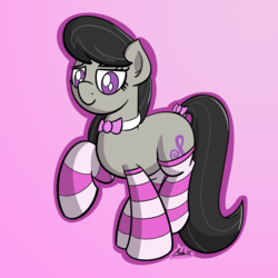 Size: 2000x2000 | Tagged: safe, artist:ashtoneer, octavia melody, earth pony, pony, g4, bow, bowtie, clothes, commission, cute, female, high res, mare, simple background, smiling, socks, solo, striped socks, tail bow