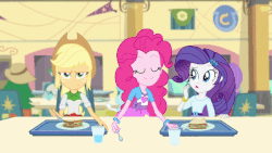 Size: 600x338 | Tagged: safe, screencap, applejack, pinkie pie, rarity, equestria girls, g4, pinkie on the one, animated, female, funny, gif