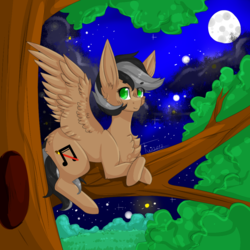 Size: 1000x1000 | Tagged: safe, artist:twinkepaint, oc, oc only, oc:artsong, pegasus, pony, chest fluff, female, full moon, gift art, looking at you, mare, moon, night, prone, smiling, solo, tree, tree branch