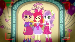 Size: 1920x1080 | Tagged: safe, screencap, apple bloom, scootaloo, sweetie belle, a photo booth story, equestria girls, g4, my little pony equestria girls: summertime shorts, apple bloom's bow, bow, clothes, cute, cutie mark crusaders, dress, fall formal outfits, hair bow, smiling