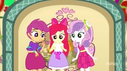 Size: 1920x1080 | Tagged: safe, screencap, apple bloom, scootaloo, sweetie belle, a photo booth story, equestria girls, g4, my little pony equestria girls: summertime shorts, apple bloom's bow, bow, clothes, cute, cutie mark crusaders, dress, fall formal outfits, hair bow, open mouth