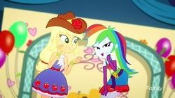 Size: 1920x1080 | Tagged: safe, screencap, applejack, rainbow dash, a photo booth story, eqg summertime shorts, equestria girls, g4, clothes, discovery family logo, dress, fall formal outfits, female, skirt