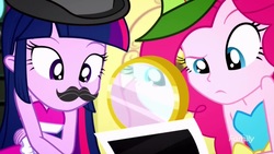 Size: 1920x1080 | Tagged: safe, screencap, pinkie pie, twilight sparkle, a photo booth story, equestria girls, g4, my little pony equestria girls: summertime shorts, cute, fake moustache, fall formal outfits, magnifying glass, twiabetes
