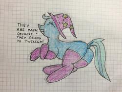 Size: 1280x960 | Tagged: safe, artist:asknodthenarcoleptic, trixie, pony, unicorn, g4, 30 minute art challenge, butt, clothes, dock, eyes closed, female, graph paper, grin, lined paper, mare, plot, smiling, socks, solo, traditional art