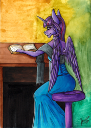 Size: 1752x2455 | Tagged: safe, artist:stirren, twilight sparkle, alicorn, anthro, g4, clothes, dress, female, mare, princess, reading, sitting, solo, traditional art, twilight sparkle (alicorn)