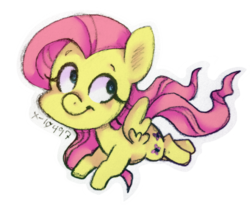 Size: 1280x1061 | Tagged: safe, artist:psicommander, fluttershy, pony, g4, chibi, female, flying, looking away, looking back, simple background, smiling, solo, spread wings, sticker, traditional art, transparent background, wings