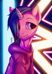 Size: 1500x2122 | Tagged: safe, artist:risterdus, oc, oc only, pony, unicorn, abstract background, bust, clothes, commission, hoodie, neon, smiling, solo