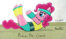 Size: 1024x605 | Tagged: safe, artist:a-bright-idea, pinkie pie, earth pony, pony, baby cakes, g4, atg 2017, female, mare, newbie artist training grounds, solo, traditional art, workout outfit