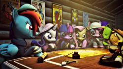 Size: 3840x2160 | Tagged: safe, artist:dj-chopin, applejack, fluttershy, pinkie pie, rainbow dash, rarity, twilight sparkle, oc, oc:applesnack, earth pony, pegasus, pony, unicorn, fallout equestria, g4, 3d, fanfic, fanfic art, female, hat, high res, hooves, horn, mane six, mare, meeting, ministry mares, ministry of awesome, ministry of image, ministry of morale, ministry of peace, ministry of wartime technology, source filmmaker, wings