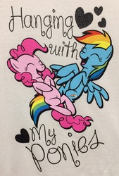 Size: 2085x3089 | Tagged: safe, pinkie pie, rainbow dash, earth pony, pegasus, pony, g4, clothes, eyes closed, female, hanging with my ponies, high res, laughing, mare, shirt, t-shirt