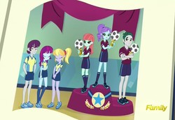 Size: 1079x744 | Tagged: safe, screencap, cloudy kicks, crystal lullaby, indigo wreath, marco dafoy, melon mint, mystery mint, equestria girls, g4, my little pony equestria girls: friendship games, background human, football, group, sextet, wonderbolts soccer uniform, yearbook, yearbook photo