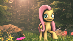 Size: 1920x1080 | Tagged: safe, artist:firesparky, fluttershy, pony, g4, 3d, cute, female, forest, grass, outdoors, raised hoof, shyabetes, solo, source filmmaker, tree
