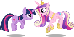 Size: 5996x3001 | Tagged: safe, artist:cloudy glow, princess cadance, twilight sparkle, alicorn, pony, unicorn, g4, games ponies play, .ai available, absurd resolution, crown, cute, cutedance, duo, duo female, female, ladybugs-awake, looking at each other, regalia, simple background, sisters-in-law, smiling, sunshine sunshine, transparent background, unicorn twilight, vector
