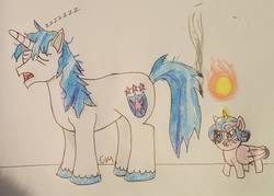 Size: 1297x929 | Tagged: safe, artist:rapidsnap, princess flurry heart, shining armor, pony, g4, atg 2017, burning, fire, fireball, flurry heart ruins everything, meme, newbie artist training grounds, sleeping, traditional art, zzz