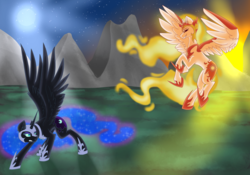 Size: 4000x2800 | Tagged: safe, artist:meownimator, daybreaker, nightmare moon, alicorn, pony, a royal problem, g4, armor, fight, high res, mane of fire