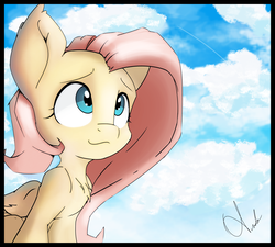 Size: 3192x2878 | Tagged: safe, artist:ando, fluttershy, pegasus, pony, g4, chest fluff, cloud, cute, ear fluff, female, high res, looking up, mare, shyabetes, signature, simple background, sky, solo