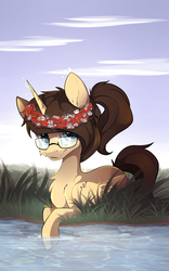 Size: 2442x3919 | Tagged: safe, artist:kebchach, oc, oc only, oc:eternal light, alicorn, pony, alicorn oc, cloud, day, glasses, high res, male, pond, ponytail, wreath