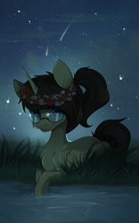 Size: 2442x3919 | Tagged: safe, artist:kebchach, oc, oc only, oc:eternal light, alicorn, firefly (insect), pony, glasses, high res, night, pond, ponytail, shooting star, stars, wreath