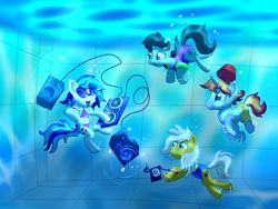 Size: 2000x1500 | Tagged: safe, artist:amidkor, dj pon-3, octavia melody, vinyl scratch, oc, oc:ember light, oc:lightning star, pony, g4, breathhold, clothes, one-piece swimsuit, puffy cheeks, swimming, swimming pool, swimming trunks, swimsuit, underwater, underwater pony