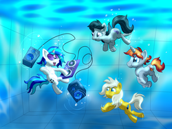 Size: 2000x1500 | Tagged: safe, artist:amidkor, dj pon-3, octavia melody, vinyl scratch, oc, oc:ember light, oc:lightning star, pony, g4, breathhold, dancing, speaker, swimming, swimming pool, underwater, underwater pony