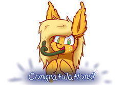 Size: 1500x1000 | Tagged: safe, artist:heir-of-rick, derpibooru exclusive, applejack, monster pony, original species, tatzlpony, g4, alternate hairstyle, congratulations, cute, ear fluff, female, freckles, gift art, happy, impossibly large ears, prehensile tongue, simple background, smiling, solo, species swap, tatzljack, tentacle tongue, tentacles, thumbs up