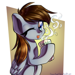 Size: 2000x2000 | Tagged: safe, artist:chaosangeldesu, oc, oc only, pegasus, pony, :p, coffee, female, high res, mare, one eye closed, simple background, solo, tongue out, wink