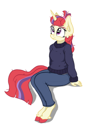Size: 1513x1696 | Tagged: safe, artist:paskanaakka, derpibooru exclusive, moondancer, unicorn, anthro, unguligrade anthro, g4, clothes, colored hooves, ear fluff, eyebrows, female, missing accessory, simple background, sitting, solo, sweater, unshorn fetlocks, white background