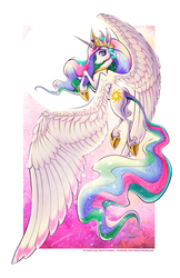 Size: 1320x2040 | Tagged: safe, artist:jessicavernell, princess celestia, alicorn, pony, g4, eye reflection, female, flying, reflection, signature, solo, spread wings, sun, unshorn fetlocks, wings