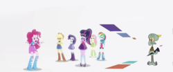 Size: 1579x658 | Tagged: safe, edit, applejack, fluttershy, pinkie pie, rainbow dash, rarity, sci-twi, twilight sparkle, equestria girls, equestria girls specials, g4, my little pony equestria girls: mirror magic, clarinet, male, musical instrument, sb-129, sci-twi outfits, shitposting, simple background, spongebob squarepants, squidward tentacles, void, white background