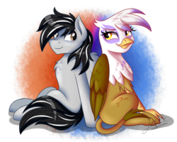 Size: 2000x1600 | Tagged: safe, artist:jack-pie, gilda, oc, griffon, pegasus, pony, g4, commission, duo, looking at each other, male, sitting, smiling, stallion