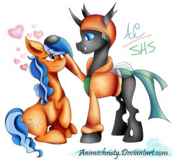 Size: 1024x956 | Tagged: safe, artist:animechristy, oc, oc only, oc:secret dreamer, oc:sketchy bughorse, changeling, changeling oc, duo, fangs, female, hat, heart, male, mare, simple background, smiling, transparent background, wavy mouth