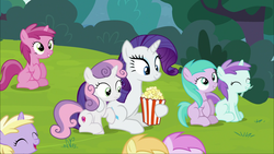 Size: 1920x1080 | Tagged: safe, screencap, aura (g4), dinky hooves, liza doolots, noi, petunia, piña colada, rarity, ruby pinch, sweetie belle, tootsie flute, earth pony, pony, unicorn, forever filly, g4, food, popcorn, rarity looking at food