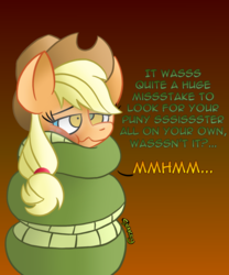 Size: 750x900 | Tagged: safe, artist:snakeythingy, applejack, chimera, pony, g4, somepony to watch over me, blushing, dialogue, hypnojack, hypnosis, kaa, kaa eyes, massage, mind control, peril, story included, swirly eyes