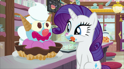 Size: 1920x1080 | Tagged: safe, screencap, rarity, pony, forever filly, g4, food, food looking at rarity, ice cream, ice cream shop, messy eating, rarity looking at food