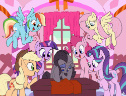 Size: 720x549 | Tagged: safe, artist:docwario, applejack, fluttershy, pinkie pie, rainbow dash, rarity, starlight glimmer, twilight sparkle, earth pony, pegasus, pony, unicorn, g4, animated, crying, delusion, delusional, depersonalization, depressed, derealization, fabric, female, gif, illusion, mane six, mannequin, mare, non-looping gif, reality ensues, sad, table