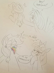 Size: 2307x3130 | Tagged: safe, artist:huskycoon, applejack, rainbow dash, twilight sparkle, earth pony, pony, unicorn, g4, dialogue, female, fetish, high res, open mouth, predajack, preydash, shrunken pupils, smiling, surprised, tail, tail sticking out, vore