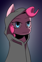 Size: 500x725 | Tagged: artist needed, safe, pinkie pie, earth pony, pony, g4, clothes, female, gradient background, hood, hoodie, no catchlights, solo, when she doesn't smile
