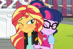 Size: 6000x4000 | Tagged: safe, artist:spottedlions, sci-twi, sunset shimmer, twilight sparkle, equestria girls, equestria girls specials, g4, absurd resolution, bowtie, canterlot high, clothes, courtyard, duo, eyes closed, female, glasses, hug, jacket, leather jacket, lesbian, necktie, one eye closed, portal, ship:sci-twishimmer, ship:sunsetsparkle, shipping, statue