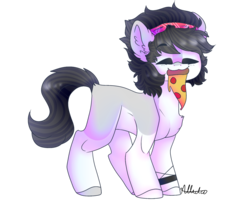 Size: 2000x1600 | Tagged: safe, artist:skimea, oc, oc only, oc:brody, earth pony, pony, bandana, colt, food, male, mouth hold, pizza, simple background, solo, transparent background