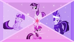 Size: 1440x810 | Tagged: safe, edit, twilight sparkle, pony, unicorn, g4, twilight time, big crown thingy, clothes, cute, eyes closed, female, frown, future twilight, glare, grin, headband, jewelry, laughing, lidded eyes, looking at you, mare, multeity, open mouth, raised hoof, regalia, sitting, smiling, smirk, standing, torn clothes, twiabetes, wallpaper, wallpaper edit