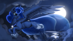 Size: 3790x2172 | Tagged: safe, artist:dimfann, princess luna, alicorn, pony, g4, city, female, flying, full moon, high res, jewelry, looking back, looking down, majestic, mare, moon, night, regalia, scenery, solo, spread wings, turned head, wings