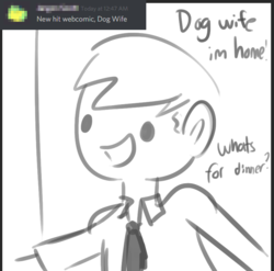 Size: 808x799 | Tagged: safe, artist:tjpones, dog, human, dialogue, dog wife, grayscale, monochrome, smiling, solo