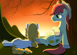 Size: 3500x2500 | Tagged: safe, artist:julymays, bright mac, pear butter, earth pony, pony, g4, the perfect pear, female, high res, male, ship:brightbutter, shipping, straight, sunset