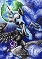 Size: 931x1317 | Tagged: safe, artist:lunar-white-wolf, nightmare moon, alicorn, pony, g4, female, glowing eyes, helmet, mare, rearing, solo, traditional art, white eyes